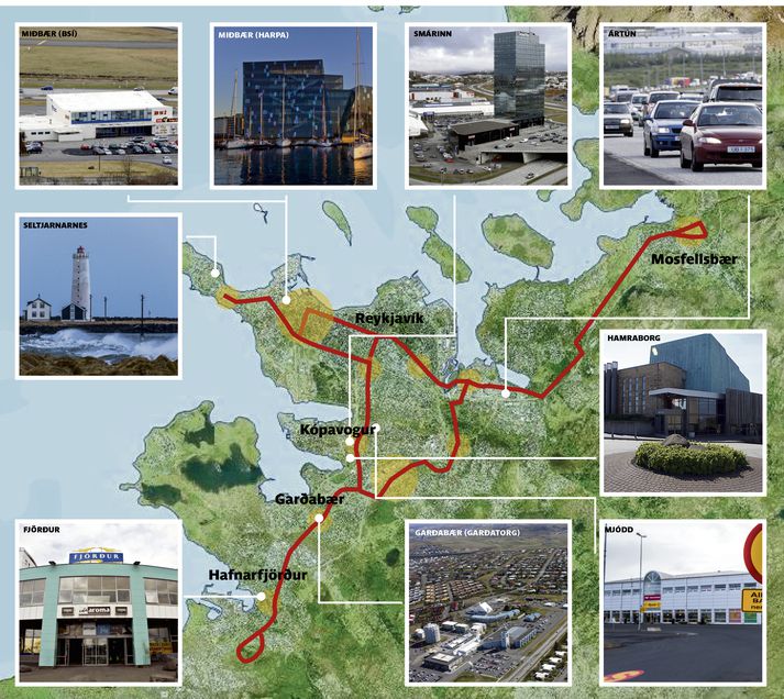 Kortið sýnir mögulega leið Borgarlínu. Kortið var unnið eftir frumniðurstöðum sem sýndar eru í skýrslu verkfræðistofunnar Mannvits.