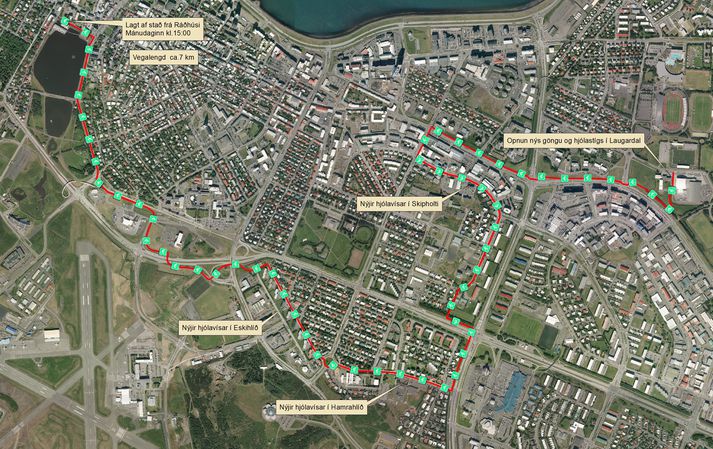 Kort af leiðinni sem verður hjóluð