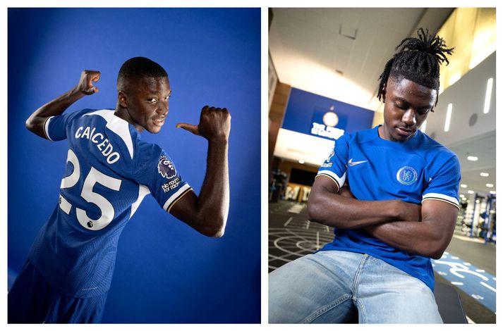 Moises Caicedo og Romeo Lavia sjást hér komnir í Chelsea búninginn en báðir eiga þeir framtíðina fyrir sér í fótboltanum.