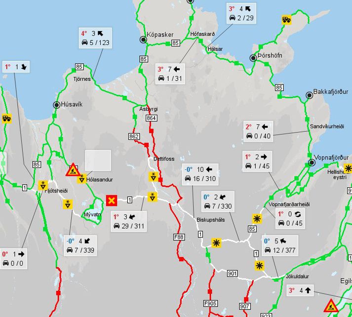 Námaskarð er merkt með x-i á myndinni sem táknar að veginum hefur verið lokað.