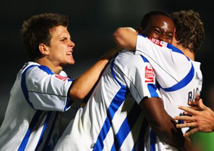 Leikmenn Brighton fögnuðu sigri á City í kvöld