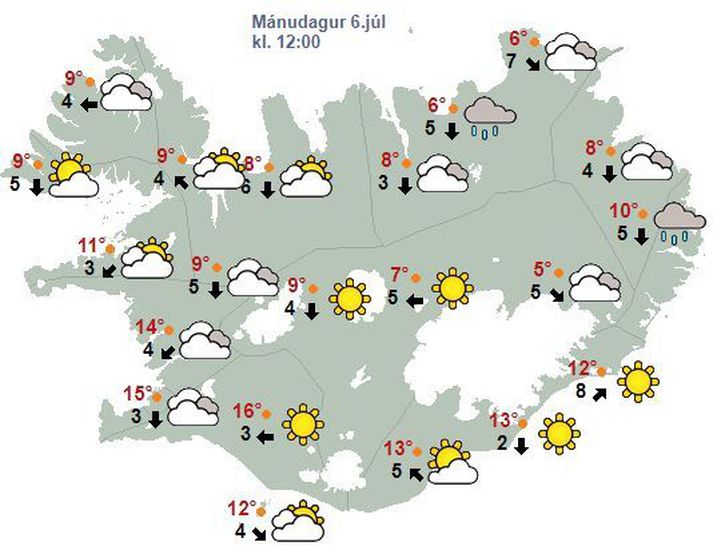 Veðurhorfur á landinu á hádegi í dag.