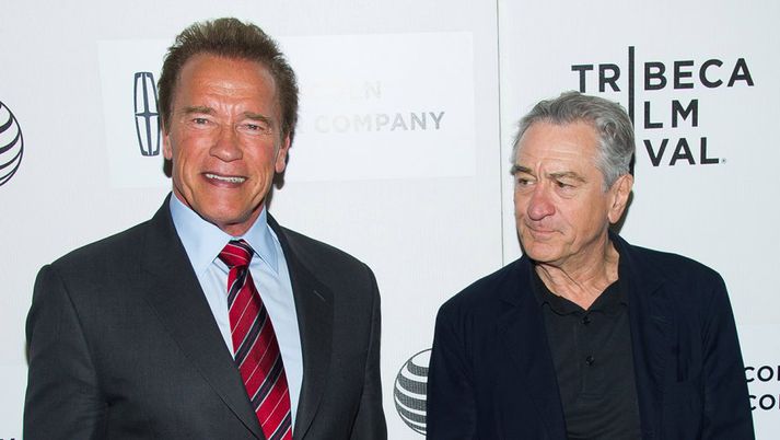 Arnold Schwarzenegger og Robert De Niro við frumsýningu kvikmyndarinnar Maggie á Tribeca-hátíðinni í fyrra.