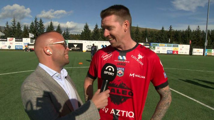 Birkir Már Sævarsson var glaðbeittur í viðtali við Nablann í dag enda að fagna sæti í Bestu deildinni með Aftureldingu.