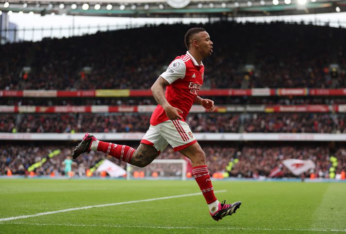 Gabriel Jesus skoraði tvö mörk fyrir Arsenal í dag.