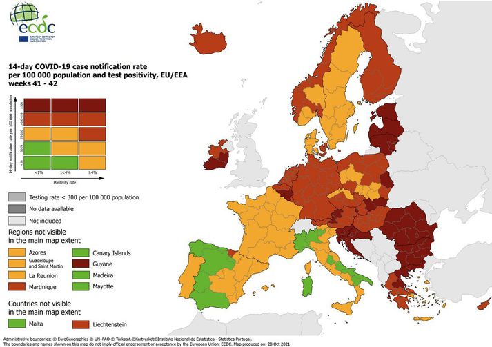 Nýjasta kort Sóttvarnarstofnunar Evrópu.