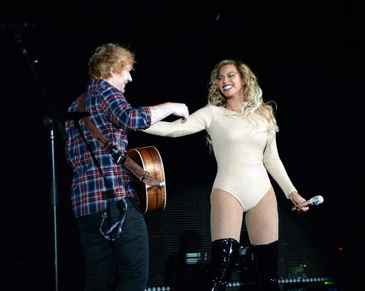 Ed Sheeran og Beyoncé á tónleikum í New York um helgina.