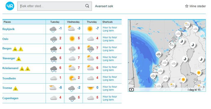 Margir á Íslandi notast við veðurspár frá norska veðurvefnum yr.no.