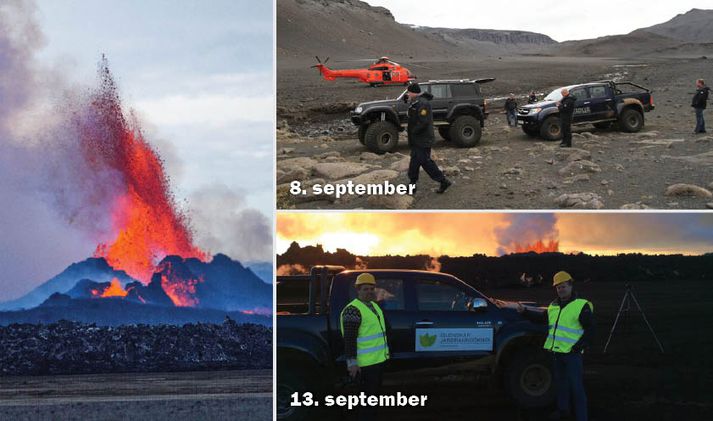 Á fyrri myndinni sést þegar þyrla LHG sóttu mennina á hálendið. Seinni myndin sýnir þá í "dulargervi“.