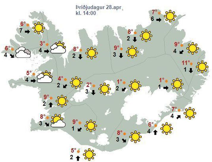 Spákortið fyrir klukkan 14 eins og það leit út í morgun.