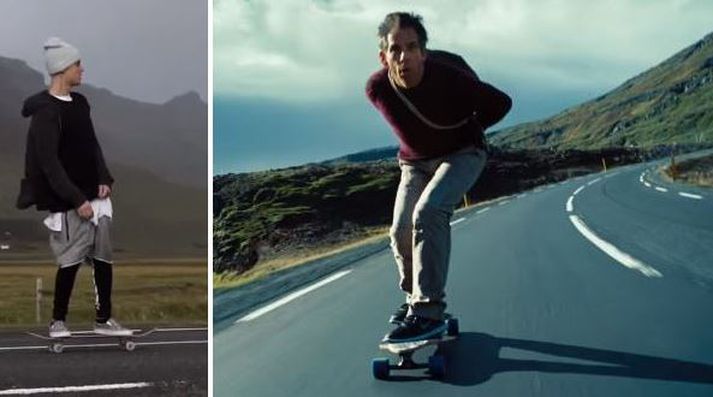 Justin Bieber rennir sér á hjólabretti um þjóðveg Íslands líkt og Ben Stiller gerði í kvikmyndinni The Secret Life of Walter Mitty frá árinu 2013.