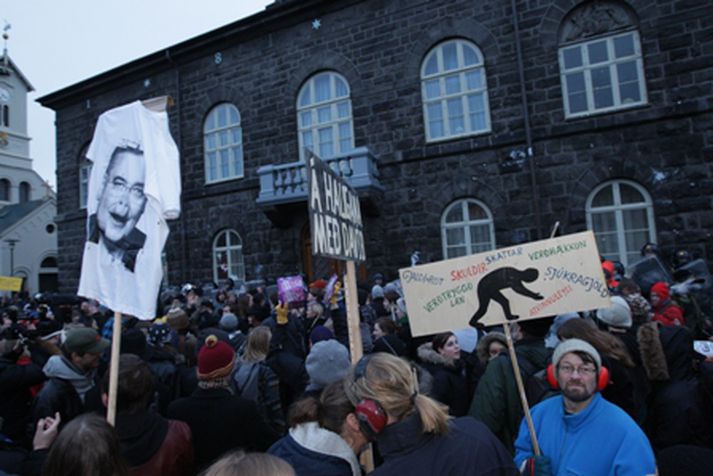 Frá mótmælum við Alþingi í gær.