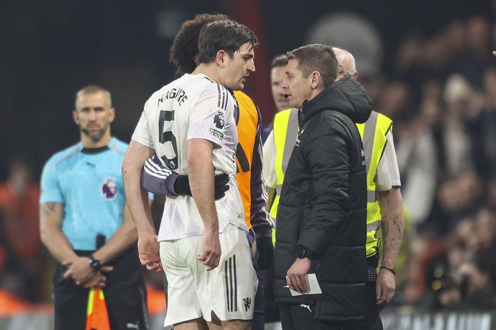 Harry Maguire hraunar hér yfir Stuart Attwell sem var fjórði dómarinn í leiknum á móti Bournemouth.