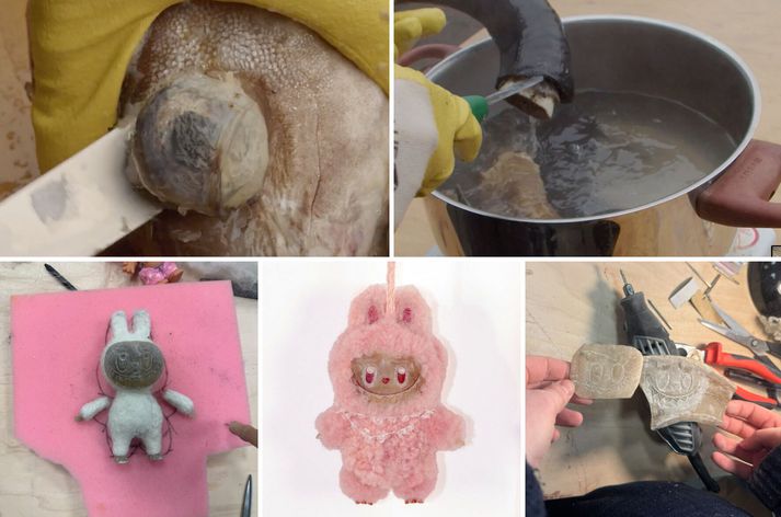 Ferlið við gerð Lambubu-dýrsins var langt og strembið og þurfti meðal annars að verka fiskaugu og sjóða þau í mjólk, sjóða kindahorn og tálga þau til og verka sauðagæru.