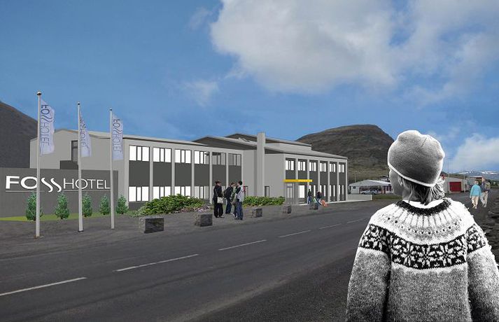 Grafíkmynd af nýja hótelinu Svona mun hótelið líta út þegar það verður tilbúið í maí á næsta ári.