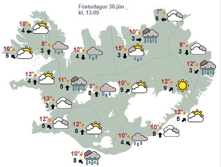 Spákort Veðurstofunnar fyrir föstudag.