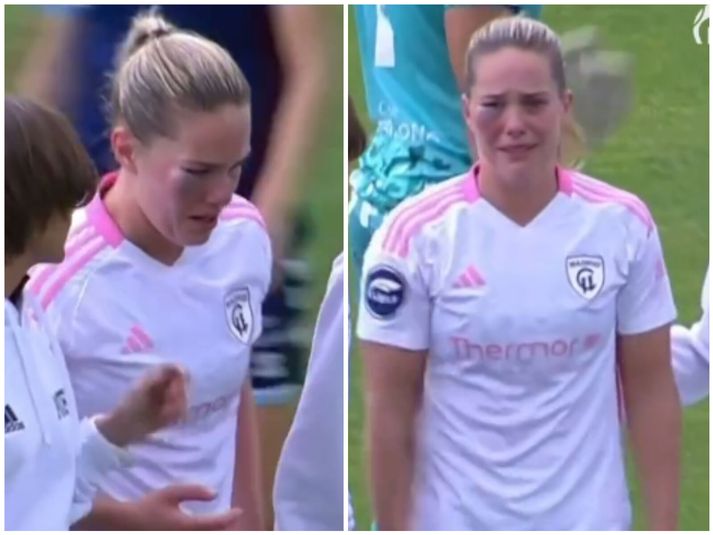 Hildur Antonsdóttir fékk mikið högg og var fljót að bólgna upp. Mótherji hennar komst upp með þetta og var ekki refsað.