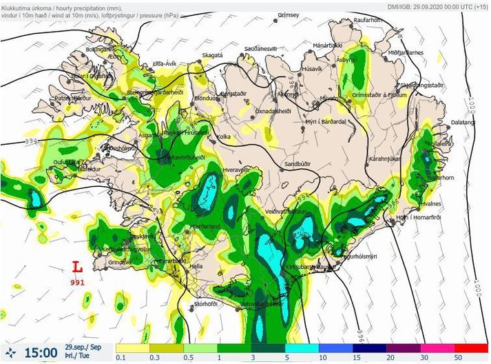 Úrkomuspákort Veðurstofu Íslands klukkan 15 í dag. Lægðin er merkt inn á kortið vestur af Reykjanesi.