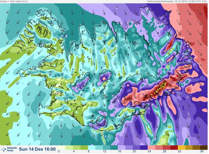 Vindaspá fyrir landið klukkan 16 í dag.