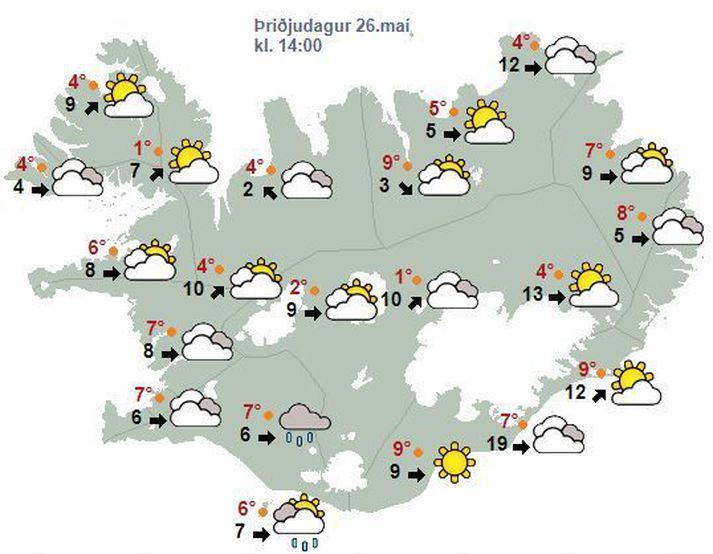 Spákortið fyrir klukkan 14 eins og það lítur út núna í morgunsárið.