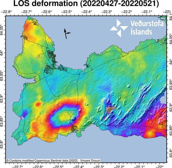 Gervihnattamynd Sentinel-1 sem sýnir landris sem hefur orðið frá 27. apríl til 21. maí 2022.