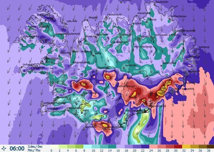 Vindaspá Veðurstofunnar klukkan sex í fyrramálið.