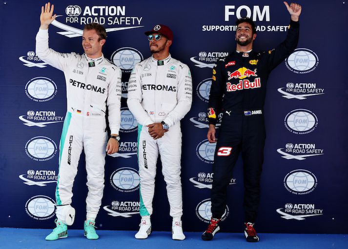 Þrír hröðustu menn dagsins. Rosberg, Hamilton og Ricciardo.