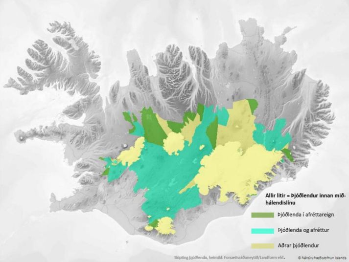 Á mynd má sjá þjóðlendur innan miðhálendislínu.