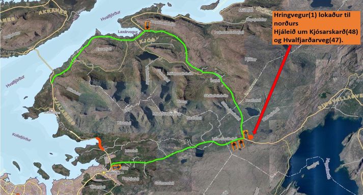 Kort Vegagerðarinnar sem sýnir lokun Vesturlandsvegar og hjáleið um Þingvallaveg niður í Hvalfjörð.
