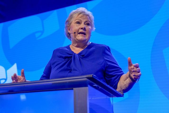 Erna Solberg var forsætisráðherra Noregs á árunum 2013 til 2021. Hún hefur leitt Hægriflokkinn frá árinu 2004.