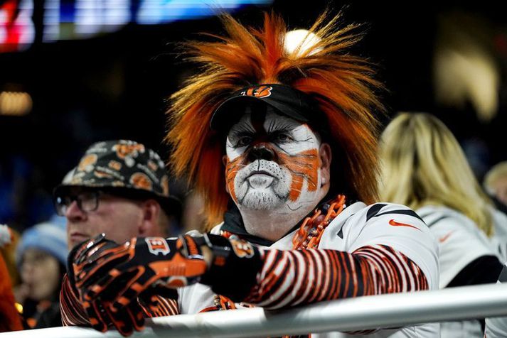 Litríkur stuðningsmaður Cincinnati Bengals í stúkunni í Detroit.