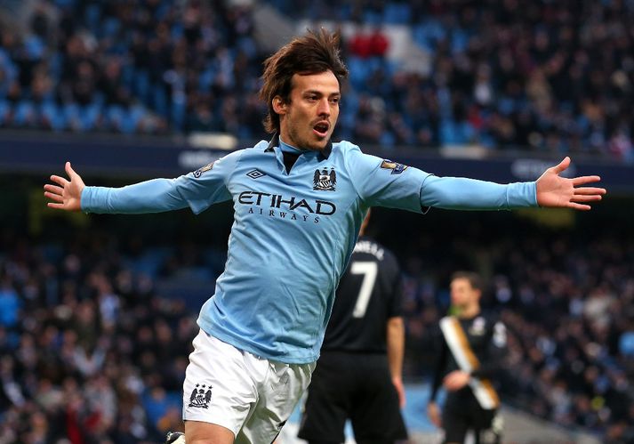 Silva fagnar marki í dag. Hann fór á kostum gegn Fulham.