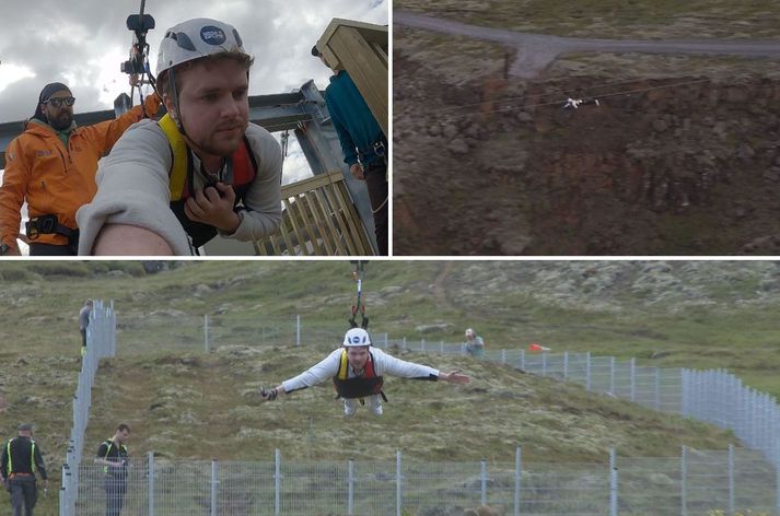 Á efri mynd til vinstri má sjá fréttamann heldur skelkaðan, áður en hann hélt af stað niður sviflínuna. Um leið og ferðin var hafin var þó ekki fyrir neinum ótta að fara. Hann komst svo heill niður að lokum, og áttaði sig á því að hann hafði ekkert að óttast.