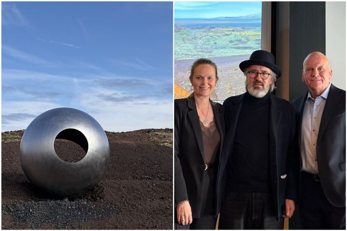 Sjónarhorn flakkarans er listaverk Ólafs Elíassonar en það samanstendur af skúlptúr og göngustíg. Páll Magnússon, forseti bæjarstjórnar í Eyjum birti þessa mynd af sér ásamt Írisi bæjarstjóra í Vestmannaeyjum og listamanninum frá íbúafundi sem fram fór í lok mars.