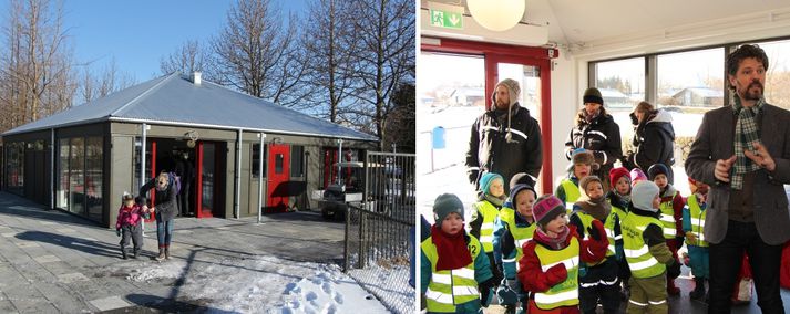 Börn af leikskólanum Laugasól litu við en þau voru nýbúin að skoða hreindýr og pöddur þegar þau hittu borgarstjóra og þáðu djús og veitingar.