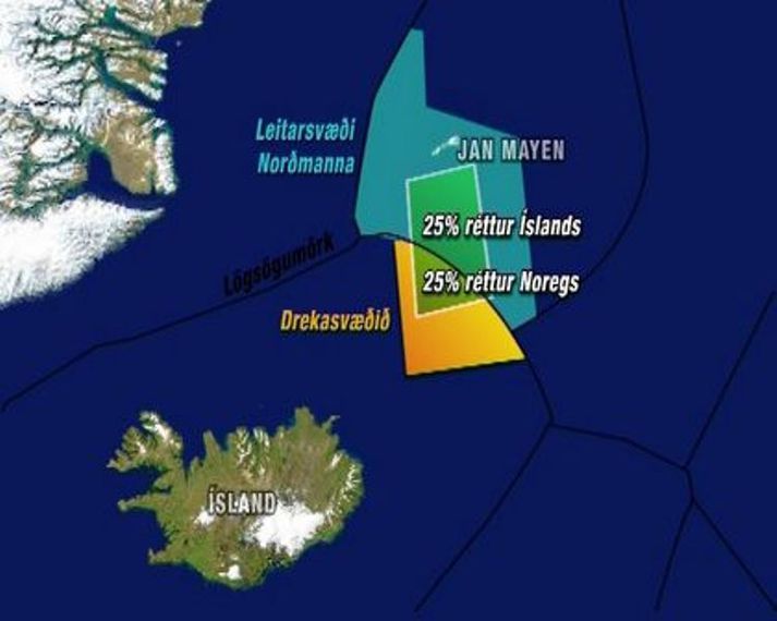 Kortið sýnir hvernig hagsmunir Íslands og Noregs tvinnast saman á Jan Mayen-svæðinu.