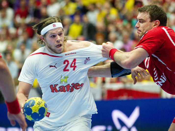 Mikkel Hansen í leiknum á móti Pólverjum í kvöld.