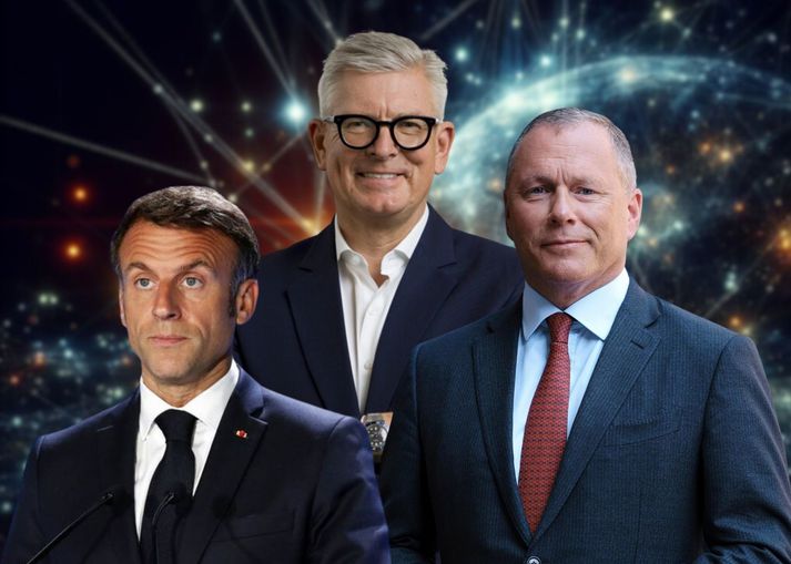 Emmanuel Macron, forseti Frakklands, Börje Ekholm, forstjóri Ericsson og Nicolai Tangen, forstjóri Olíusjóðs Noregs.