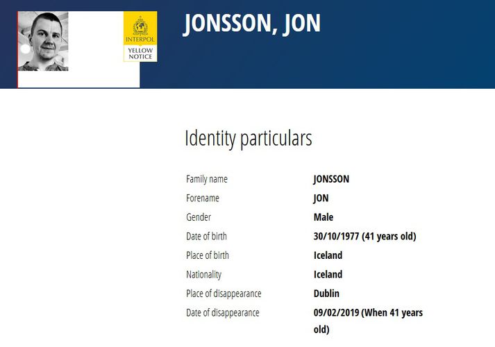 Skjáskot af vef Interpol þar sem lýst er eftir Jóni Þresti.