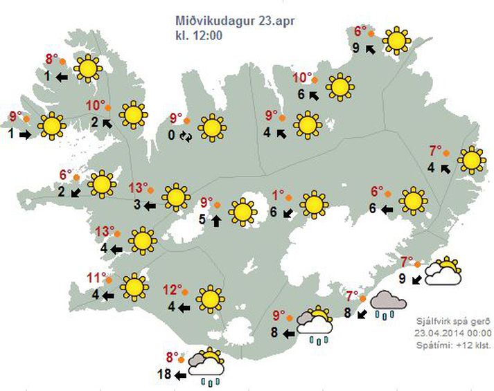 Svona verður veðrið í hádeginu.