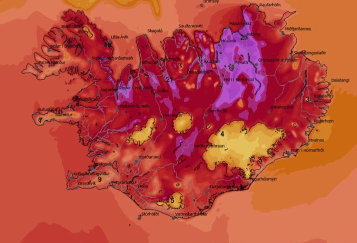 Veðurstofan spáir að hitastig nái að 25 stigum norðaustanlands eftir hádegi í dag.