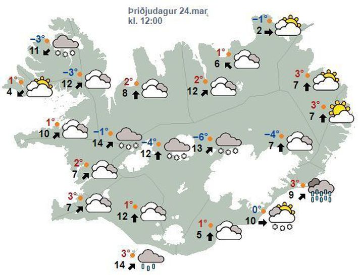 Spákort Veðurstofunnar fyrir hádegið í dag, eins og það lítur út nú í morgunsárið.