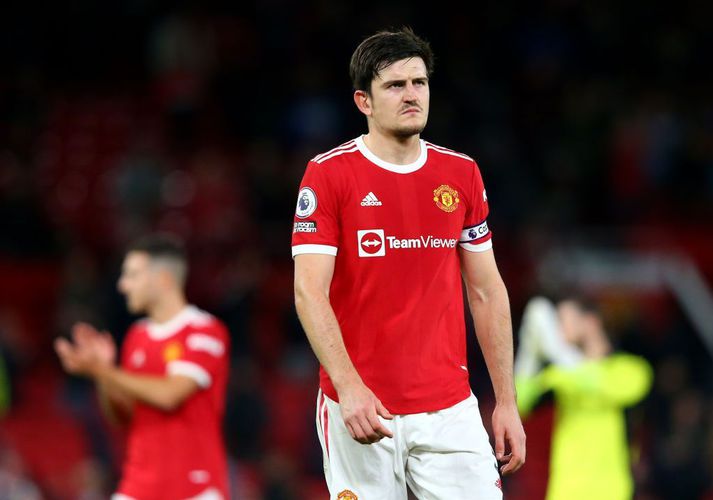 Harry Maguire brúnaþungur á leiknum gegn Liverpool á sunnudaginn.