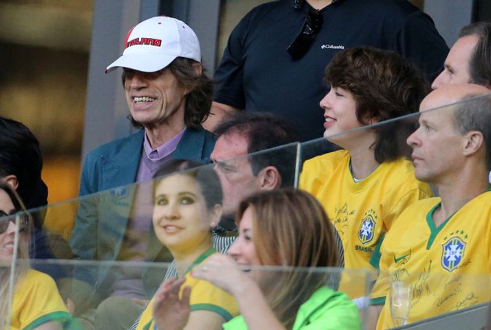 Mick Jagger á hinum sögufræga leik Brasilíu gegn Þýskalandi.