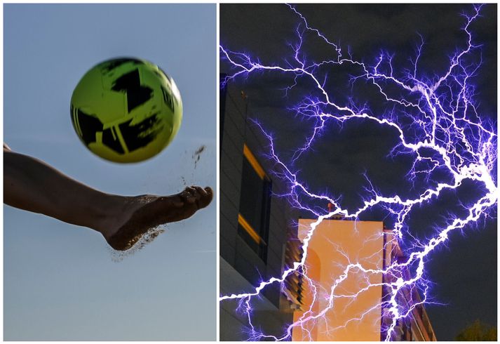 Það urðu mikil læti þegar brasilískur framherji klikkaði svo rosalega að hann skaut boltanum í rafmagnslínu í nágrenni vallarins. Samsett mynd sem tengist ekki fréttinni beint.