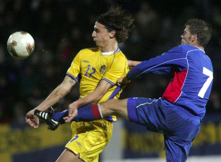 Zlatan Ibrahimovic í baráttu við Hermann Hreiðarsson í leiknum á Laugardalsvellinum í október 2004.