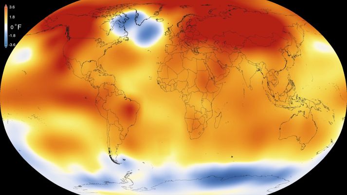 Kaldur blettur er greinilegur á grafi NASA og NOAA yfir miðgildishita á jörðinni metárið 2015.