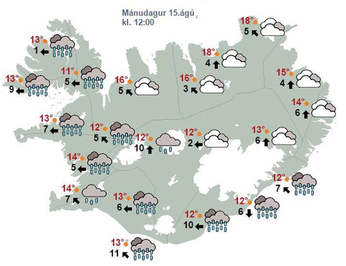 Það stefnir í mikið vatnsveður í dag S- og V-til á landinu og búist er við úrhelli einkum á SA-landi og S-til á Austfjörðum og líklega einnig á Bláfjallasvæðinu.