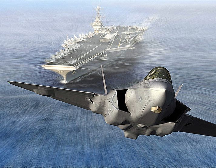 Bandarísk F-35 þota hefur sig á loft af flugmóðurskipi.