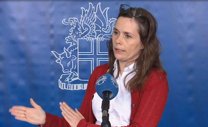 Katrín Jakobsdóttir forsætisráðherra á blaðamannafundinum í Safnahúsinu fyrr í dag.